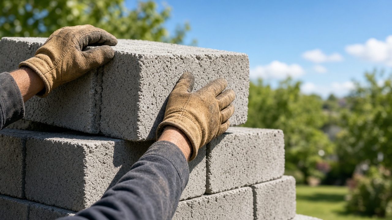Worker setting retaining wall blocks in San Jose CA